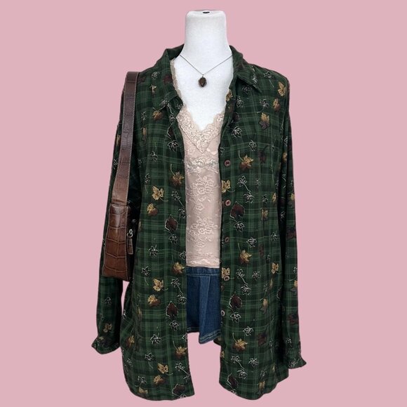 green plaid fall leaves vintage 90s button up shirt plus size cozy autumnal - Picture 1 of 7